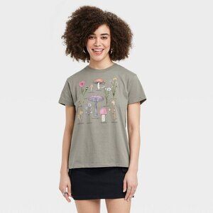 NWT Women's Floral Mushroom Short Sleeve Graphic T-Shirt - Olive Green M
